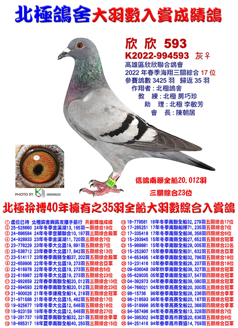 全船20,012羽三關綜合23位 2022-994593灰母