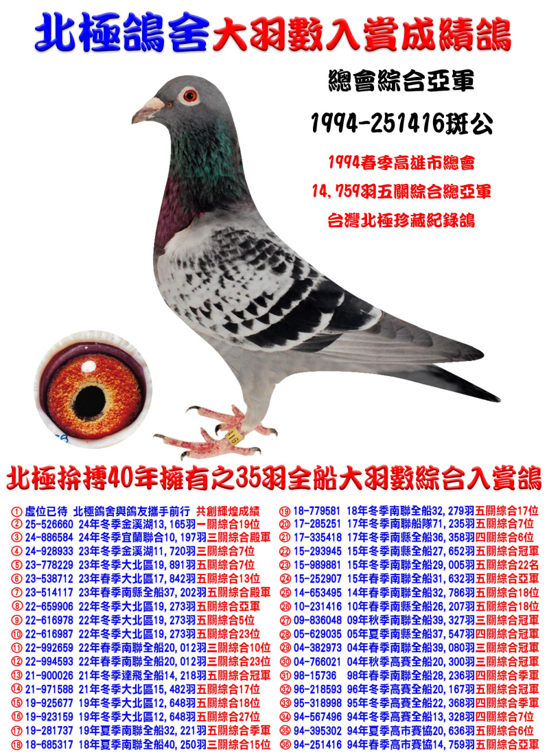 全船14,759羽五關綜合總亞軍 1994-251416斑公