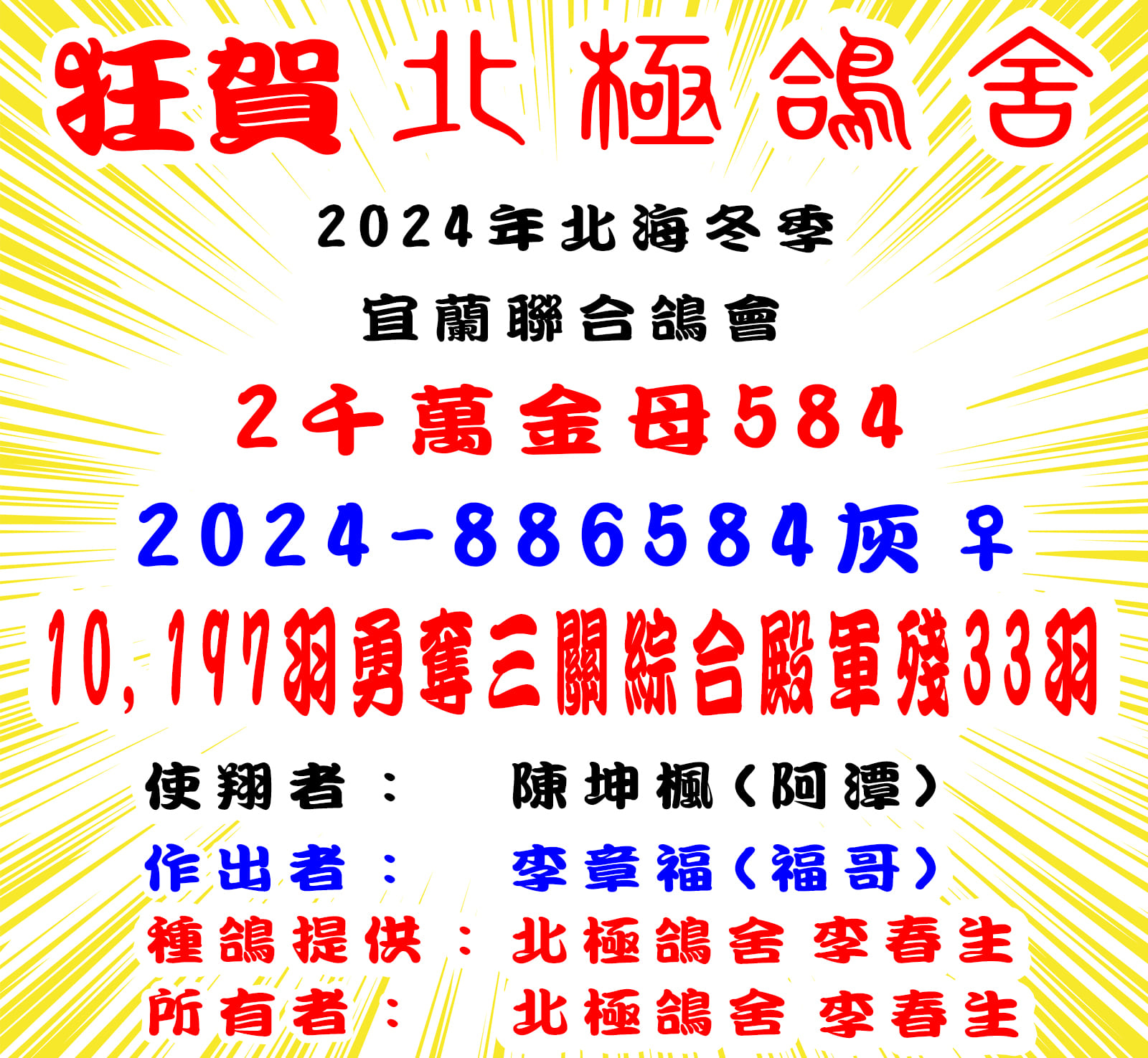 賀!北極鴿舍2024年冬季北海宜蘭聯合鴿會10,197羽三關綜合殿軍